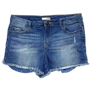 BONGO Peekaboo Pocket Denim Cutoff Shorts Size 7 Raw Hem Blue Lace Boho Midrise